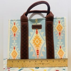 Wan & Kelo Canvas Tote with Aztec Print in Light Blue and Brown Trim